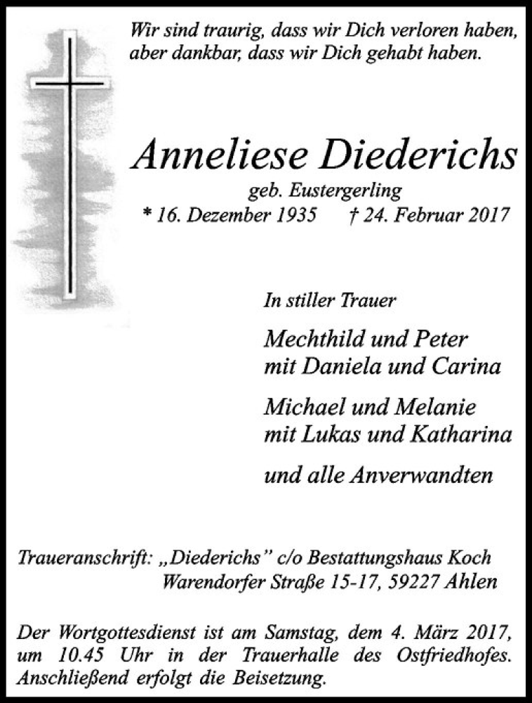  Traueranzeige für Anneliese Diederichs vom 01.03.2017 aus Westfälische Nachrichten