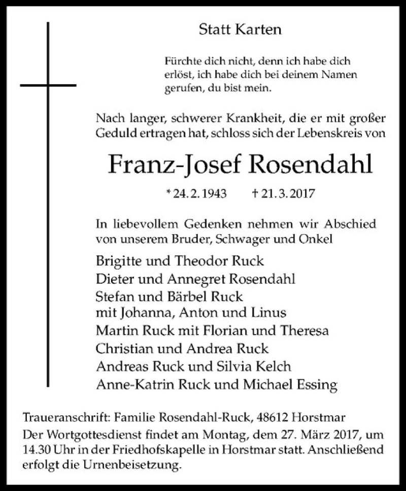  Traueranzeige für Franz-Josef Rosendahl vom 23.03.2017 aus Westfälische Nachrichten