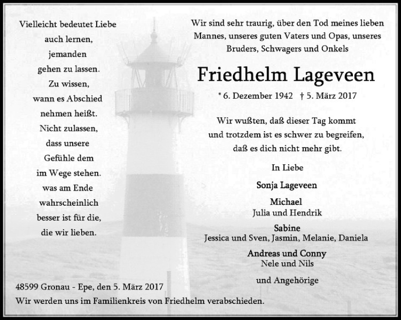 Traueranzeige für Friedhelm Lageveen vom 08.03.2017 aus Westfälische Nachrichten