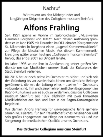 Anzeige von Alfons Frahling von Westfälische Nachrichten