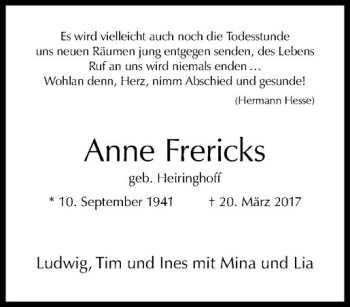 Anzeige von Anne Frericks von Westfälische Nachrichten