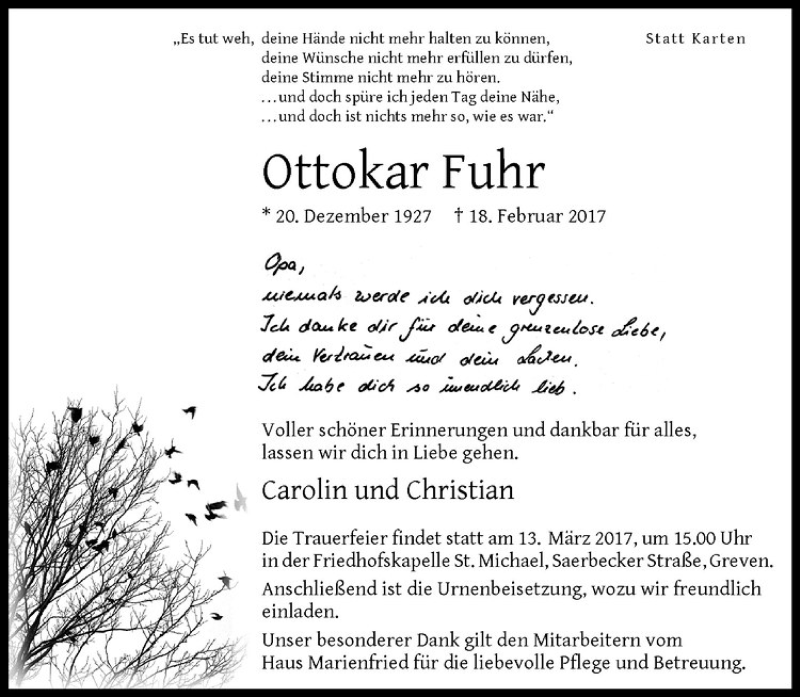  Traueranzeige für Ottokar Fuhr vom 09.03.2017 aus Westfälische Nachrichten