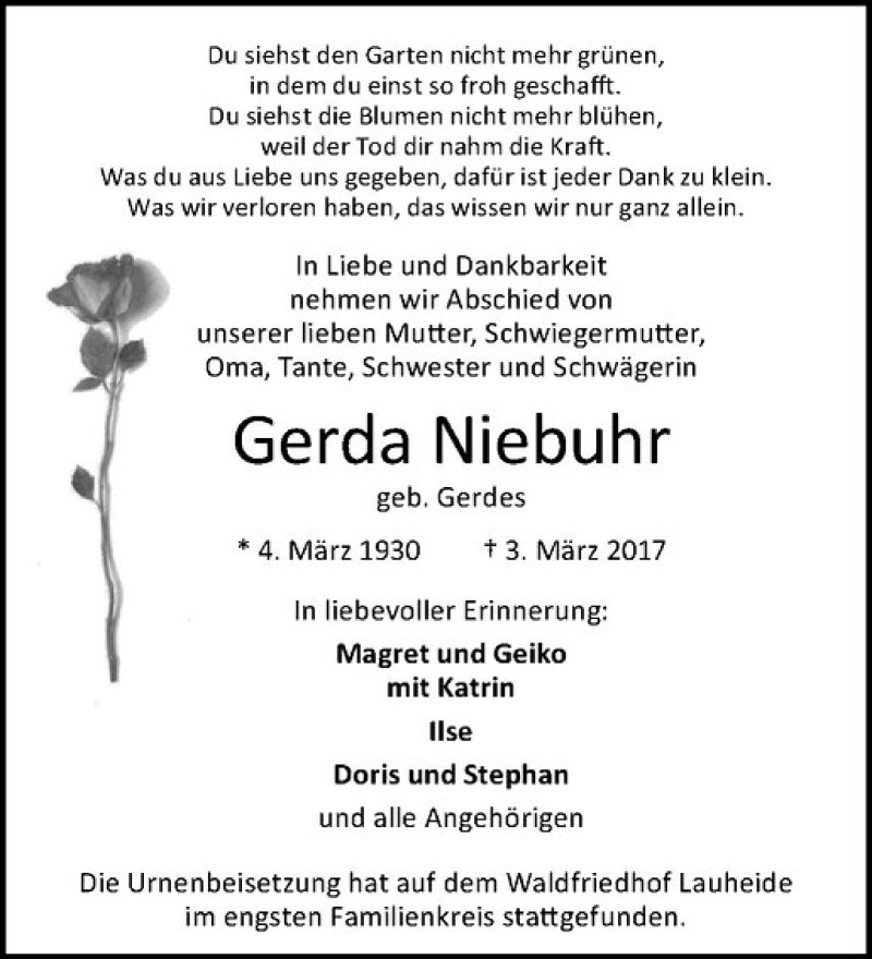  Traueranzeige für Gerda Niebuhr vom 18.03.2017 aus Westfälische Nachrichten