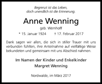 Anzeige von Anne Wenning von Westfälische Nachrichten