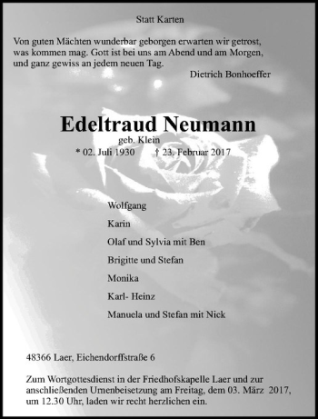 Anzeige von Edeltraud Neumann von Westfälische Nachrichten