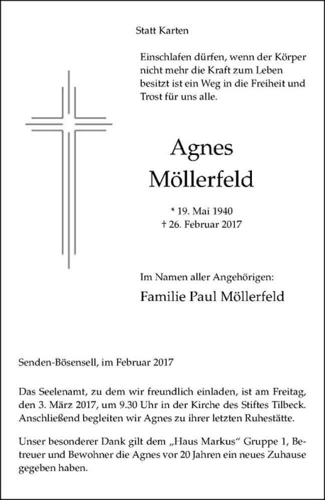  Traueranzeige für Agnes Möllerfeld vom 01.03.2017 aus Westfälische Nachrichten