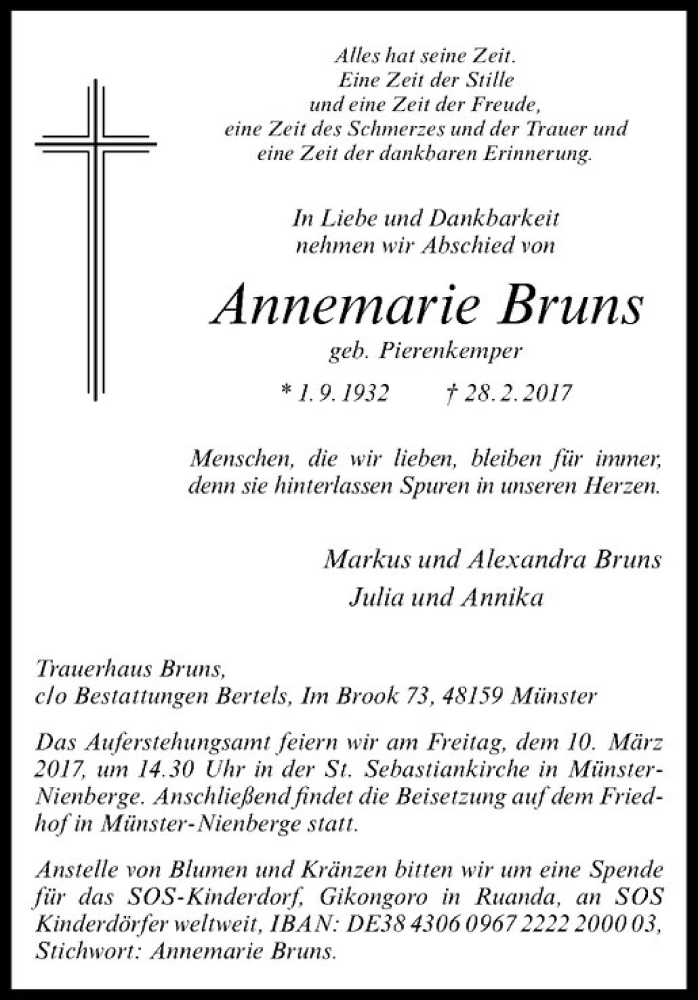  Traueranzeige für Annemarie Bruns vom 04.03.2017 aus Westfälische Nachrichten