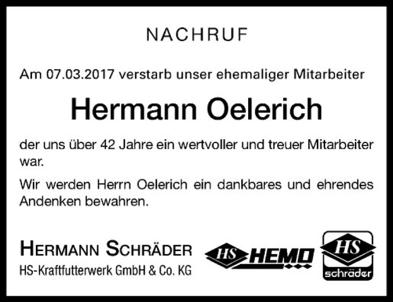  Traueranzeige für Hermann Oelerich vom 15.03.2017 aus Westfälische Nachrichten
