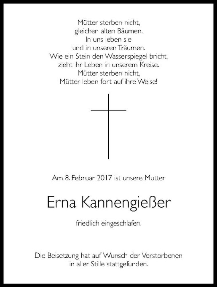  Traueranzeige für Erna Kannengießer vom 04.03.2017 aus Westfälische Nachrichten