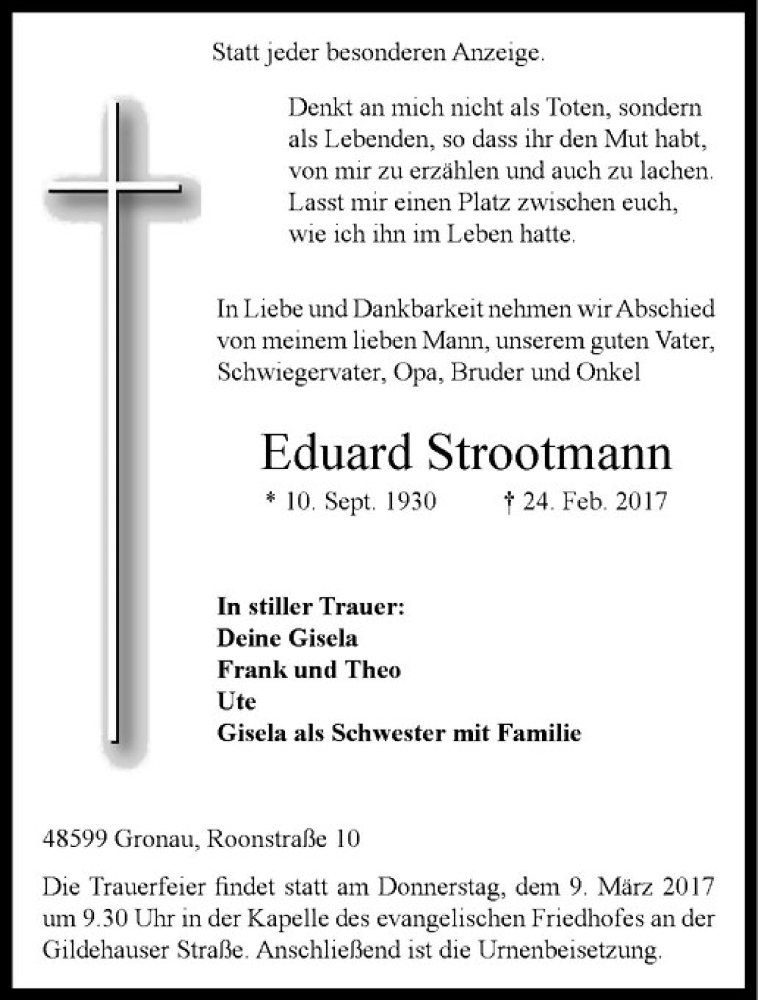  Traueranzeige für Eduard Strootmann vom 04.03.2017 aus Westfälische Nachrichten