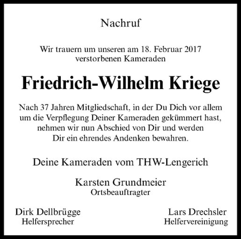  Traueranzeige für Friedrich-Wilhelm Kriege vom 02.03.2017 aus Westfälische Nachrichten