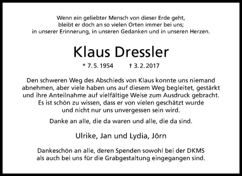  Traueranzeige für Klaus Dressler vom 18.03.2017 aus Westfälische Nachrichten