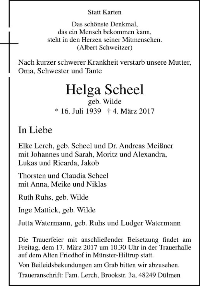  Traueranzeige für Helga Scheel vom 11.03.2017 aus Westfälische Nachrichten