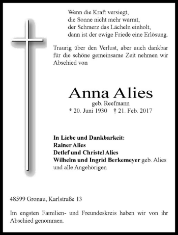 Anzeige von Anna Alies von Westfälische Nachrichten