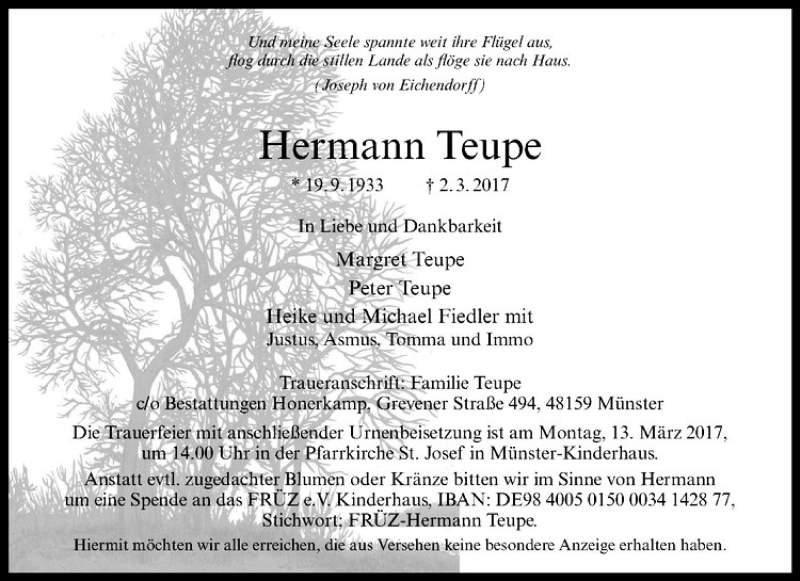  Traueranzeige für   vom 09.03.2017 aus Westfälische Nachrichten