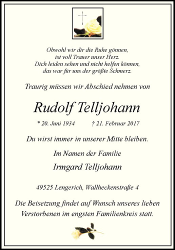 Anzeige von Rudolf Telljohann von Westfälische Nachrichten