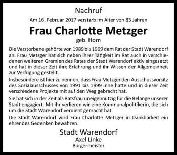 Anzeige von Charlotte Metzger von Westfälische Nachrichten