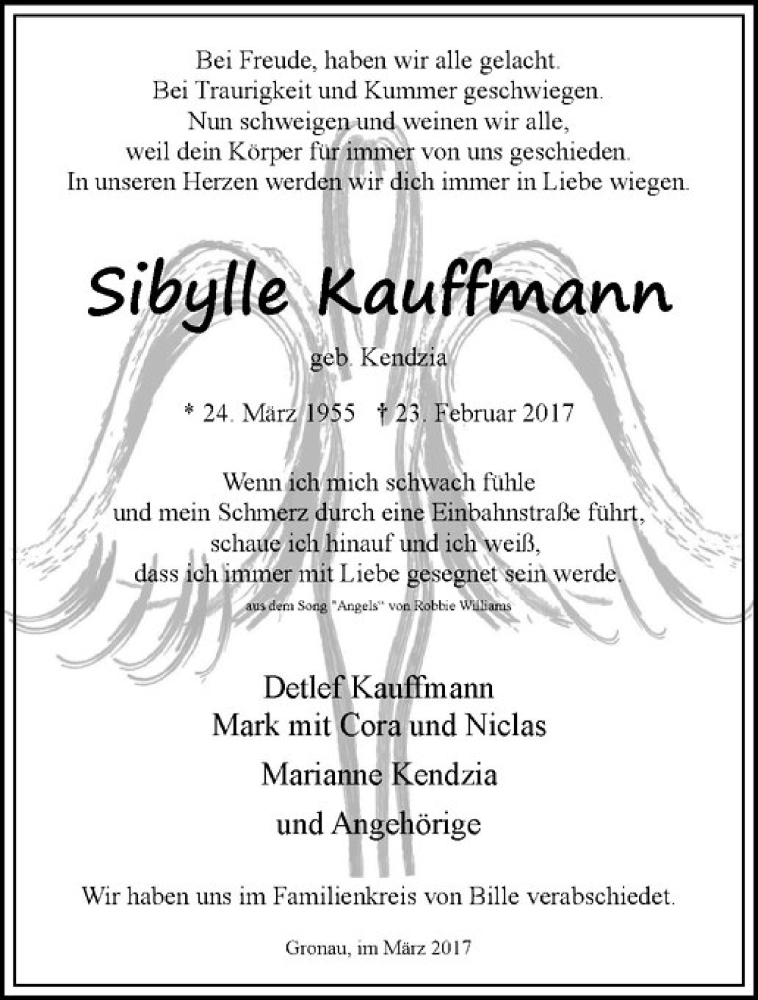  Traueranzeige für Sibylle Kauffmann vom 06.03.2017 aus Westfälische Nachrichten