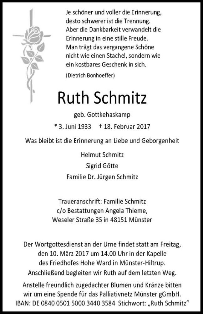  Traueranzeige für Ruth Schmitz vom 04.03.2017 aus Westfälische Nachrichten