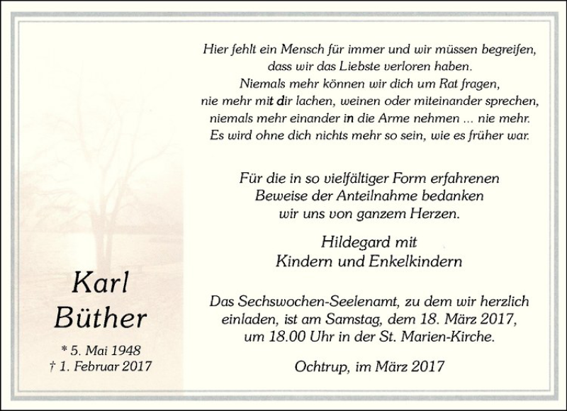  Traueranzeige für Karl Büther vom 16.03.2017 aus Westfälische Nachrichten