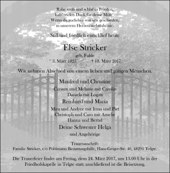Anzeige von Else Stricker von Westfälische Nachrichten