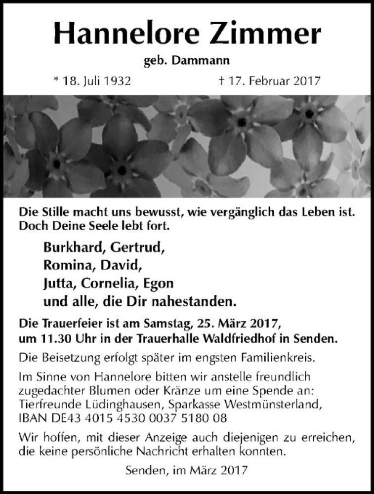  Traueranzeige für Hannelore Zimmer vom 11.03.2017 aus Westfälische Nachrichten