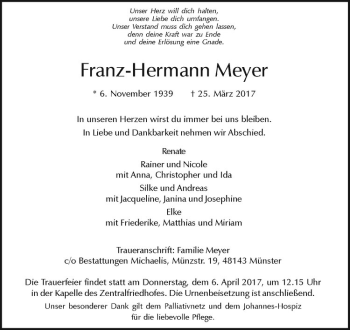 Anzeige von Franz-Hermann Meyer von Westfälische Nachrichten