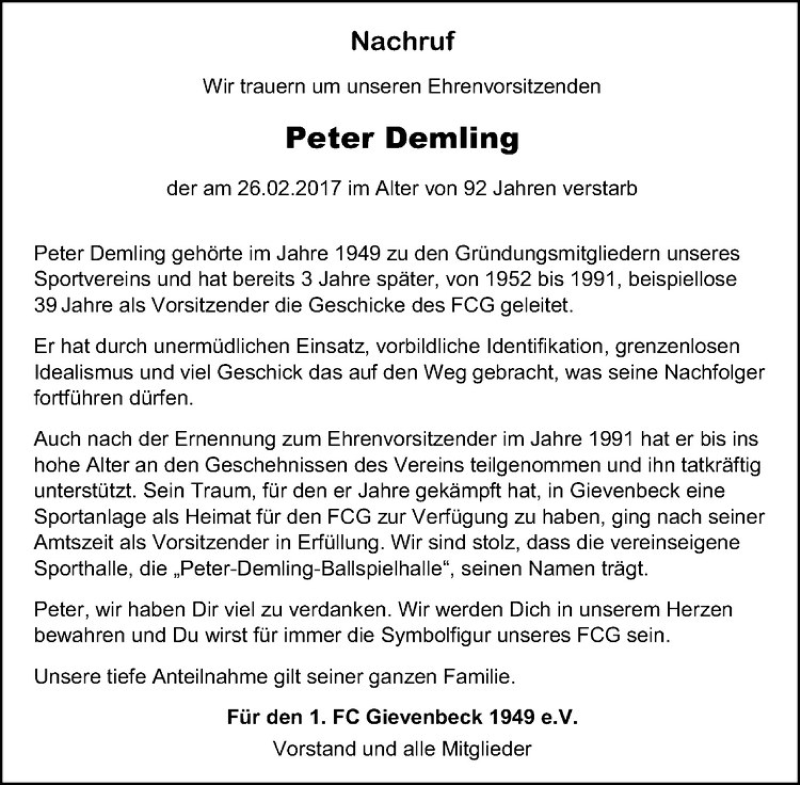  Traueranzeige für Peter Demling vom 04.03.2017 aus Westfälische Nachrichten