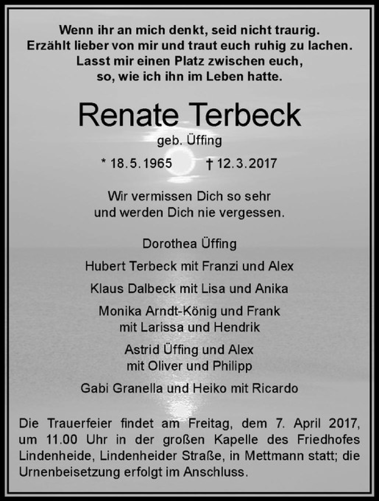  Traueranzeige für Renate Terbeck vom 18.03.2017 aus Westfälische Nachrichten