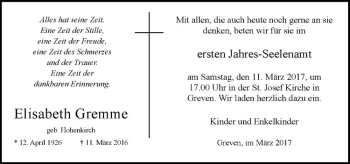 Anzeige von Elisabeth Gremme von Westfälische Nachrichten