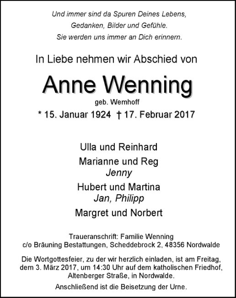  Traueranzeige für Anne Wenning vom 01.03.2017 aus Westfälische Nachrichten