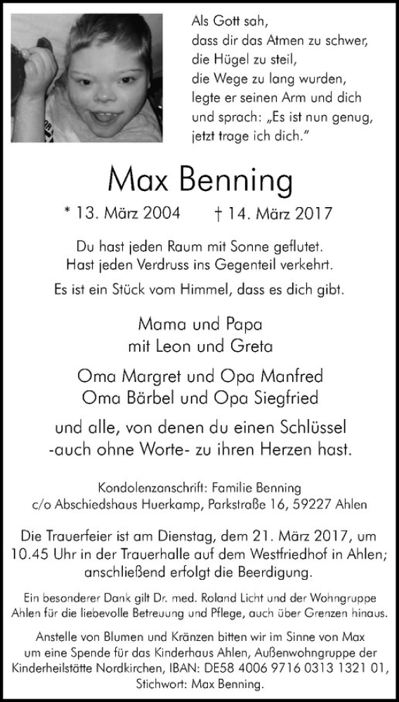  Traueranzeige für Max Benning vom 17.03.2017 aus Westfälische Nachrichten