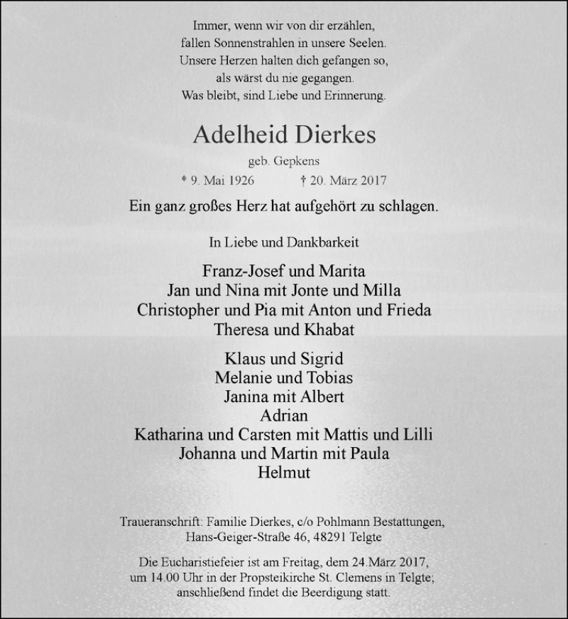  Traueranzeige für Adelheid Dierkes vom 22.03.2017 aus Westfälische Nachrichten