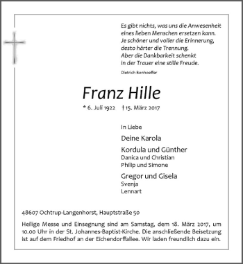 Anzeige von Franz Hille von Westfälische Nachrichten