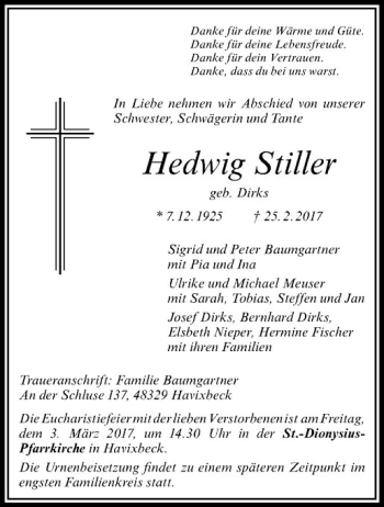 Anzeige von Hedwig Stiller von Westfälische Nachrichten