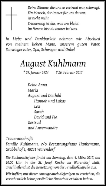 Anzeige von August Kuhlmann von Westfälische Nachrichten