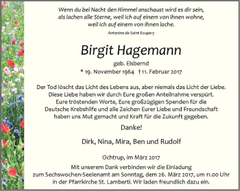 Anzeige von Birgit Hagemann von Westfälische Nachrichten