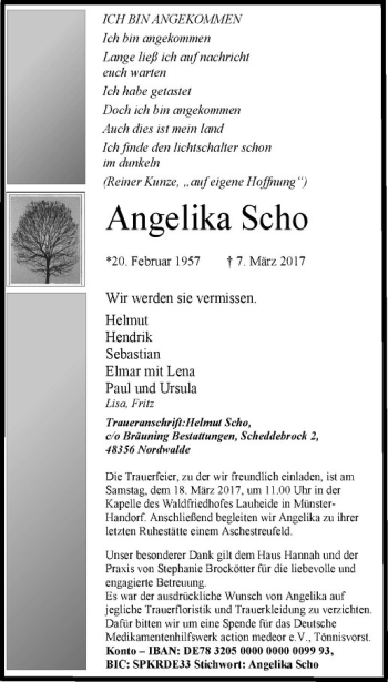 Anzeige von Angelika Scho von Westfälische Nachrichten