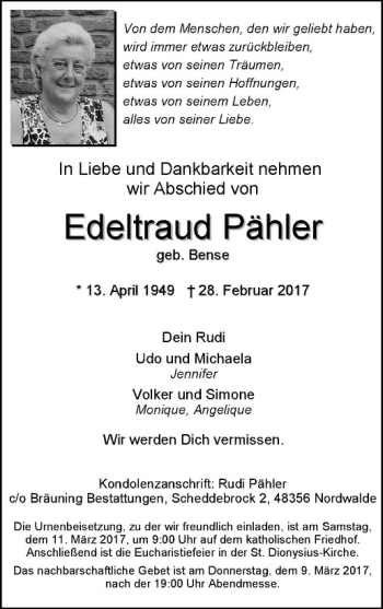 Anzeige von Edeltraud Päler von Westfälische Nachrichten