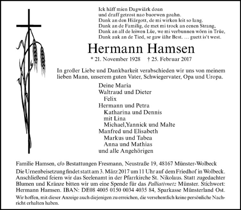  Traueranzeige für Hermann Hamsen vom 01.03.2017 aus Westfälische Nachrichten