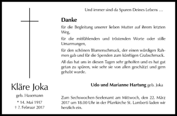 Anzeige von Kläre Joka von Westfälische Nachrichten