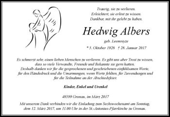 Anzeige von Hedwig Albers von Westfälische Nachrichten