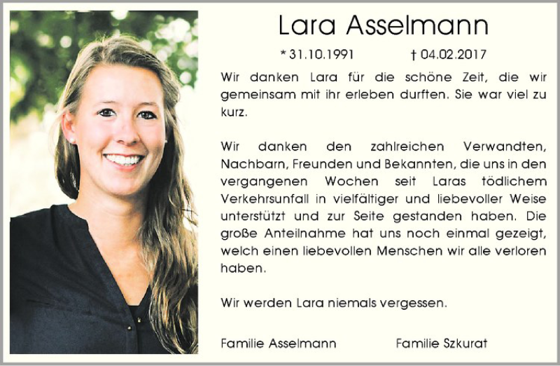 Traueranzeige für Lara Asselmann vom 25.03.2017 aus Westfälische Nachrichten