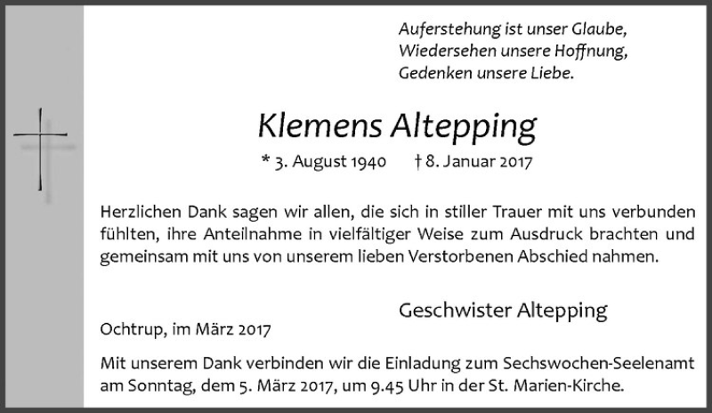  Traueranzeige für Klemens Altepping vom 01.03.2017 aus Westfälische Nachrichten