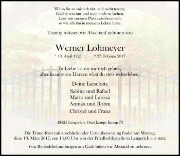 Anzeige von Werner Lohmeyer von Westfälische Nachrichten