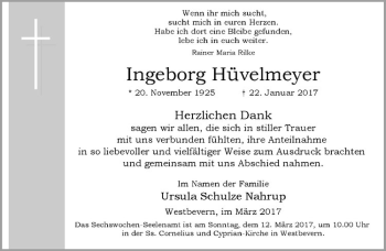 Anzeige von Ingeborg Hüvelmeyer von Westfälische Nachrichten