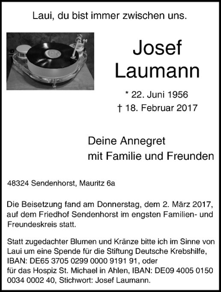  Traueranzeige für Josef Laumann vom 04.03.2017 aus Westfälische Nachrichten