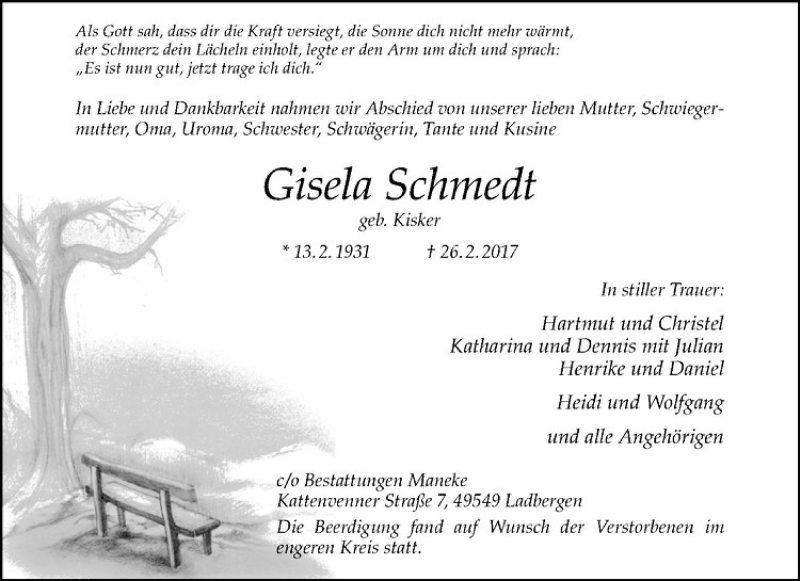  Traueranzeige für Gisela Schmedt vom 03.03.2017 aus Westfälische Nachrichten