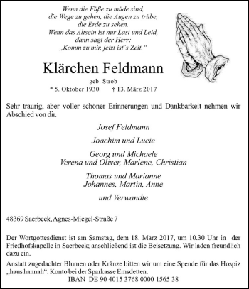Anzeige von Klärchen Feldmann von Westfälische Nachrichten