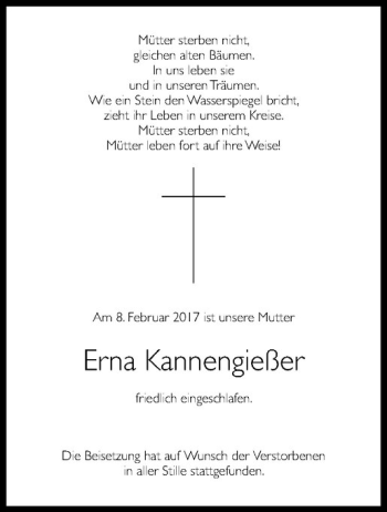 Anzeige von Erna Kannengießer von Westfälische Nachrichten